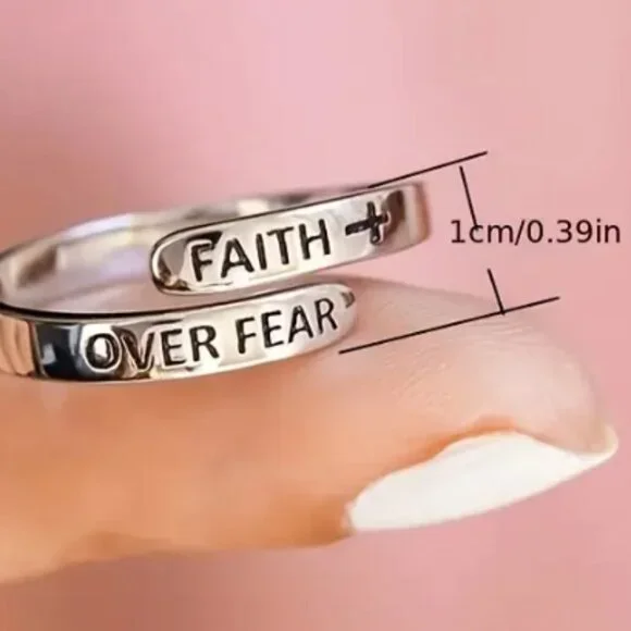 "FAITH OVER FEAR" Sterling Silver Cross Adjustable Ring - Picture 3 of 3